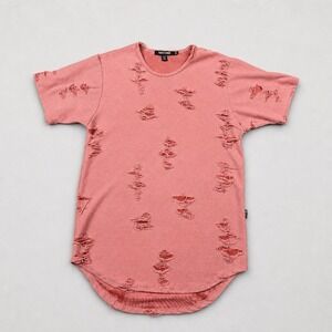 Rustic Dime Womens Small Pink Distressed Short Sleeve Curved‎ Hem T-Shirt USA